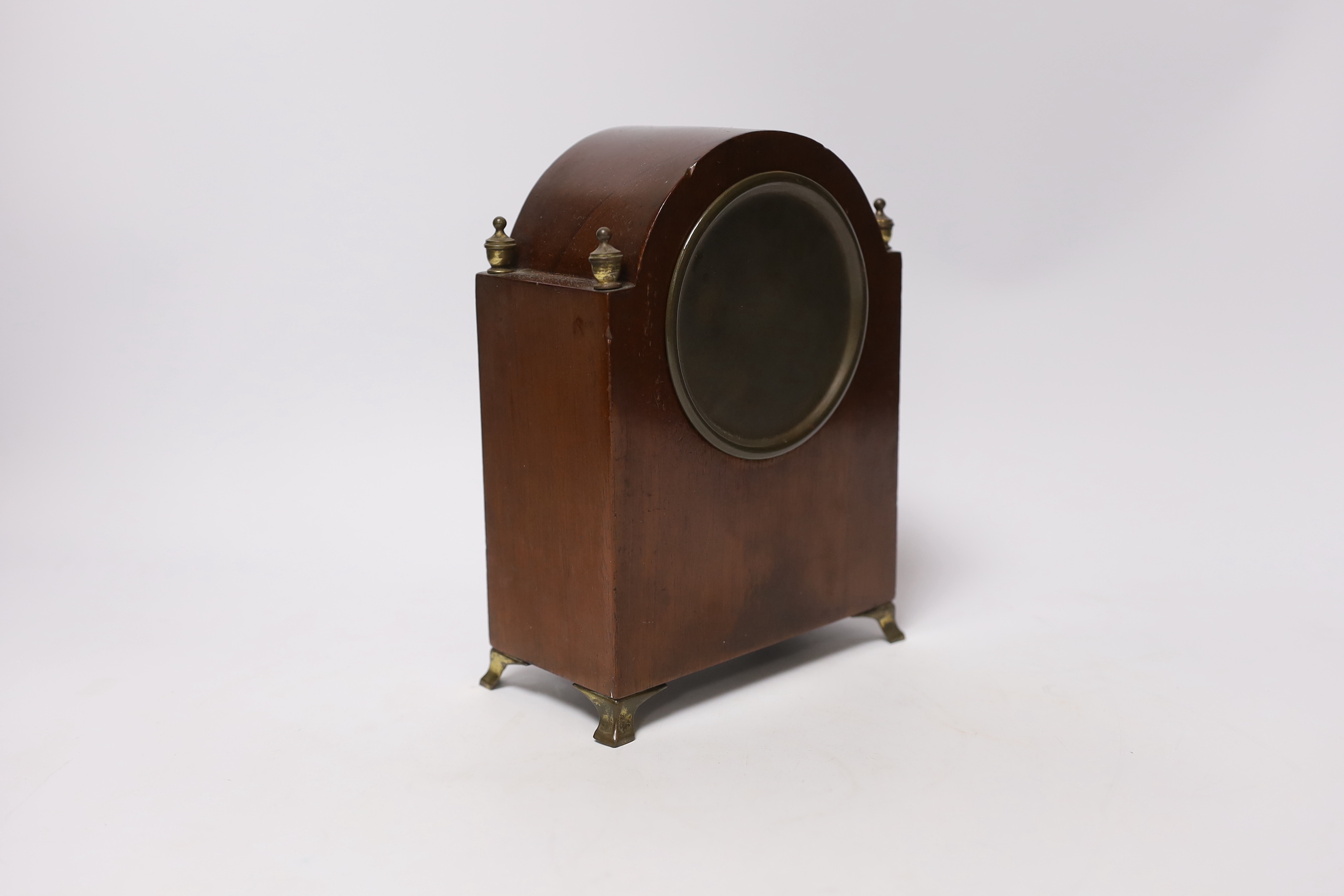 An Edwardian inlaid mahogany mantel timepiece, 20cm